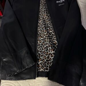 Hard Rock Cafe Women's Black Leather Jacket with Leopard Lining
